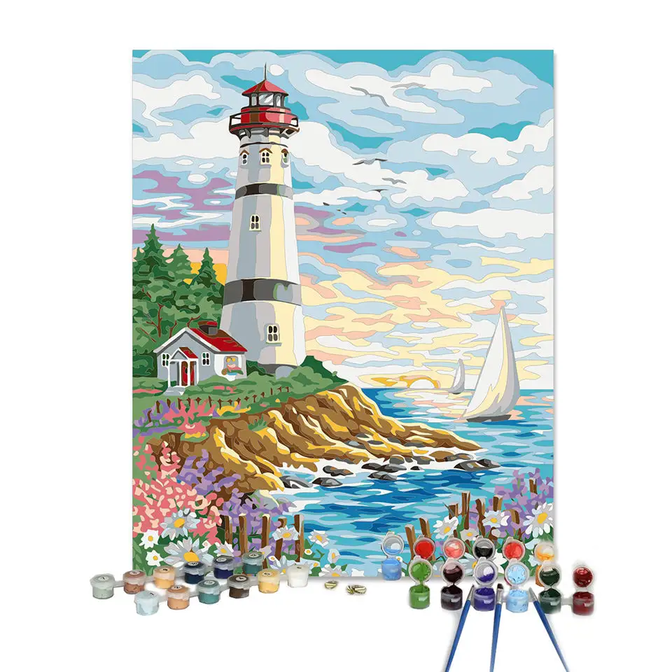Seaside Lighthouse Diy Acrylic Painting Pretty Easy Picture Seascape Painting By Numbers