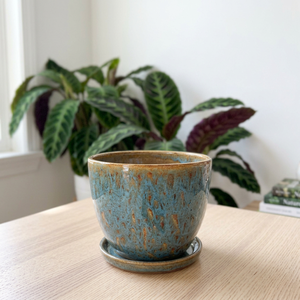 Pot de fleurs moderne en céramique émaillée avec soucoupe pour plantes d'intérieur, 10 pouces, motif bleu et rouille, style minimaliste - Product Image 3