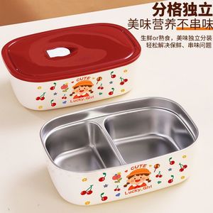 304 Stainless Steel Cherry Double Compartment Lunch <b>Box</b> With <b>Plastic</b> Lid For Students And Office Workers Microwaveable Bento <b>Box</b> - Product Image 2