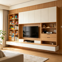 Moderne tv-kast met grote capaciteit, open zijplanken en witte paneelvormige bovenkasten voor organisatie in het gezinshuis
