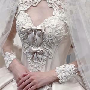 Robe de mariée bustier en satin à deux voiles, longueur ras du sol, en dentelle, coupe trapèze, nouvelle collection 2025, texture haut de gamme, traîne longue, style rétro, cérémonie, 100% coton, haute qualité - Product Image 6