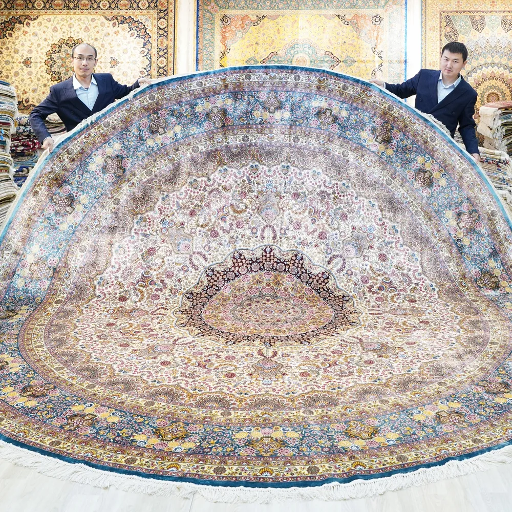 366x366cm Persian Flower Pattern Faux Silk Hand Knotted Round Carpet Jacquar Pattern Area Rug