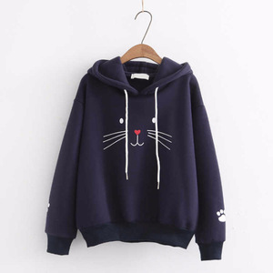 Cat Print Hooded Sweatshirt Women Long Sleeve Thick Warm Cartoon Knitted Pullover Female Student Style White - Product Image 4