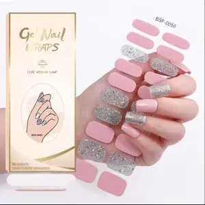 Uv Gel Nail Stickers Popular In Europe US Pop Finger Custom Package Gel Nail Wraps Semi-cured Nail Strips