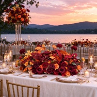 Chemin de table en soie bordeaux et orange brûlé, arrangement floral artificiel de roses et dahlias, 100 cm, pour décoration de table de mariage et événements