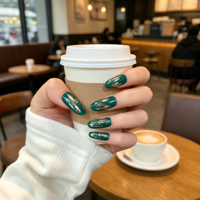 Faux Ongles Longs Vert Émeraude avec Feuille d'Or, Effet Chrome, Élégants, Personnalisables, Réutilisables, Vente en Gros