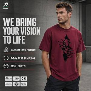Camiseta Premium para <span class=keywords><strong>Hombre</strong></span>, 280 g/m², 100% Algodón, Color Borgoña, Corte Holgado, Estampado Gráfico de Esqueleto, Bordes Deshilachados, Ecológica - Product Image 1