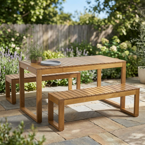 Solid Teak Wood Outdoor Dining Set Rectangular Patio <b>Table</b> with 2 Matching <b>Bench</b> Chairs - Product Image 3