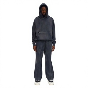Chándal con Capucha para Hombre, Color Gris Oscuro, 100% Algodón, Manga Larga, Color Sólido, Corte Holgado Informal con Bolsillos Laterales, Ropa de Otoño - Product Image 1