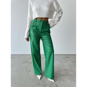 Women's High-Waisted Leather <b>Palazzo</b> <b>Pants</b> Straight Leg Green <b>Elastic</b> <b>Waist</b>-Breathable Long XS-XL Available Colored <b>Elastic</b> - Product Image 3