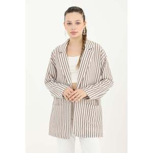Puane Women's Striped <b>Linen</b> Jacket for Summer Evenings, Lightweight Casual Outerwear, Brown - 10433CKT - Product Image 4