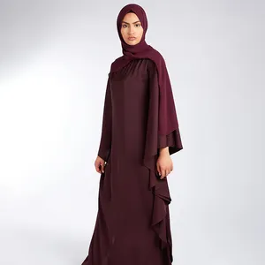 Free sample solid color farasha kaftan abaya breathable modest long sleeves maroon floaty kaftan for muslim women