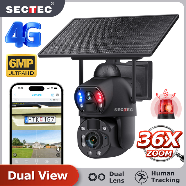 SECTEC 6MP AOV HD Metal Dual Lens  CCTV Network Outdoor Security Cameras Big 36X Zoom Lens Dual View Solar Battery PTZ AI Camera