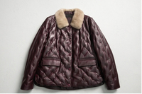 Veste en cuir d'agneau bordeaux de luxe avec col en fourrure de vison, doudoune matelassée pour femmes