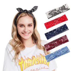 Vintage Paisley Bandana Flower Printed Hairband Elastic Rabbit ear Head Wrap Cute Hair Accessories Boho Bow Headbands for Women