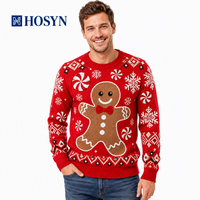Pull tricoté de Noël pour homme à manches longues et col rond, motif bonhomme de pain d'épices et flocon de neige, idéal pour les fêtes d'hiver
