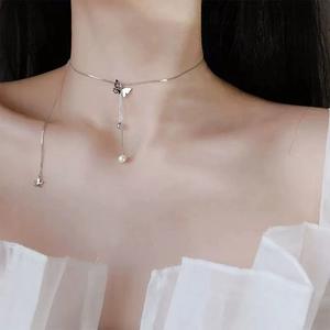 Collar de Plata S925 Edición Coreana con Diseño de Calabaza y Diamantes, Cadena de Clavícula con Perla Simple para Mujer - D6696 - Product Image 4