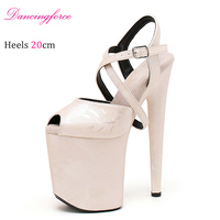 Chaussures de danse exotique lisse beige de 20cm pour femmes sandales sexy à lanières à talons hauts avec bride à la cheville pour la saison estivale
