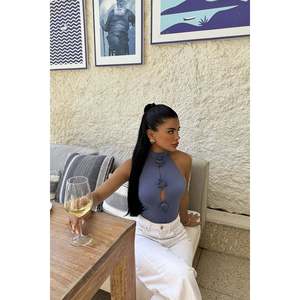 Combinaison moulante décontractée Indigo Rose à détails noués, style une pièce, imprimé ajouré carré, en tricot de nylon, pour le printemps et l'automne - Product Image 3