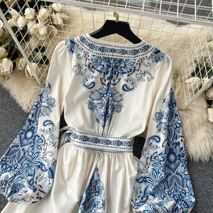 2025春季复古女式长裙优雅正装V领系带自然腰围印花半身裙半透明灯笼袖 - Product Image 5