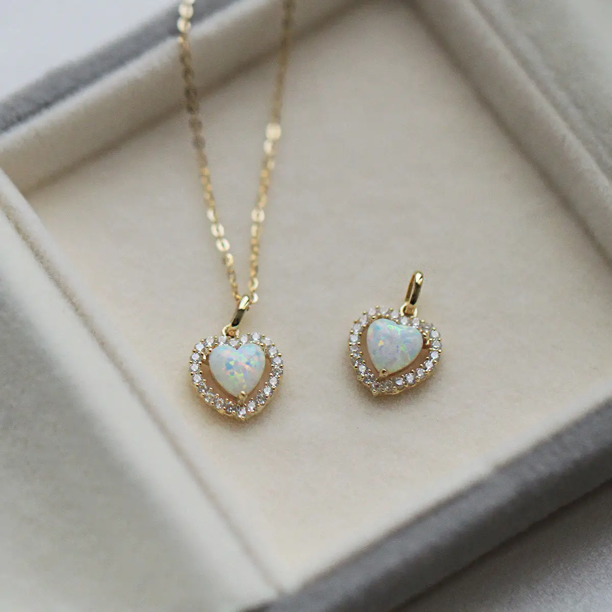 Dainty 14K Gold Plated Heart Opal Pendant Necklace 925 Sterling Silver Opal Diamond Necklace