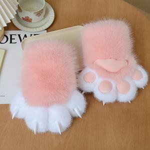 Pluche Dierenpoothandschoenen Voor Halloween Cosplay-Zachtroze En Wit Nepbont Met Cartoon Kat/Hond/Vos Ontwerp - Product Image 2