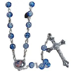 Catholic Rosary Great for Women or Girls Fatima Blue Rose Beads with Metal Crucifix