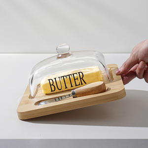 Plato de madera para mantequilla con tapa de <span class=keywords><strong>cristal</strong></span> y cuchillo, tabla para servir queso con espátula, plato cubierto para exhibir postres y repostería - Product Image 4