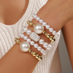 Imitation Pearl 5 Piece <b>Stacked</b> <b>Bracelet</b> Set Women's Party Jewelry Elegant Round Beaded With Diamond Encrusted Design - Product Image 1