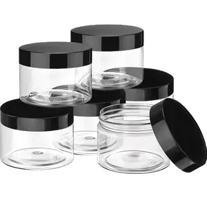 60ml 100ml 200ml 250ml 8oz PS PET Clear Body Scrub Container Jars Cosmetic Cream Plastic 5ml 10ml 20ml 30ml 50ml with Black Lids