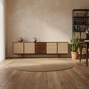 Cómoda Minimalista de Madera Maciza de Teca Elmar con Puertas de Panel Tejido y Cajones Centrales para Dormitorio, Sala de Estar o Almacenamiento - Product Image 5