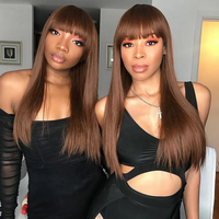 Perruques Noires Naturelles Brun Frange Cheveux Humains, Fabriquées à la Machine, Cuticules Alignées, Avec Frange, Pour Femmes Noires