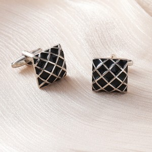 Boutons de manchette pour homme en laiton, agate, doré, émail noir, motif quadrillé, pour chemises de cérémonie, mariage, bleu, argent - Product Image 6