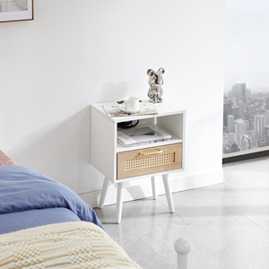 Modern Nightstand With <b>Drawer</b> And Rattan Front 15.75 In White <b>Side</b> <b>Table</b> For Bedroom Storage - Product Image 6