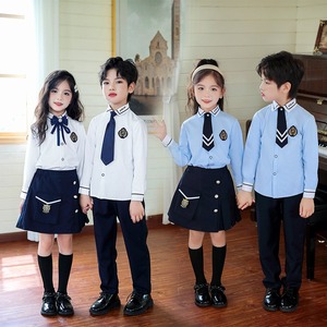 Primary <strong>School</strong> Students' British-Style <strong>School</strong> Uniform White Shirts <strong>Navy</strong> Skirts <strong>Trousers</strong> with Custom Embroidered <strong>School</strong> Badge - Product Image 5