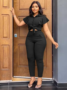 여성 캐주얼 투피스 세트 프릴 짧은 소매 옷깃 칼라 셔츠 + 하이 웨이스트 긴 연필 바지 패션 봄 여름 세트 - Product Image 3