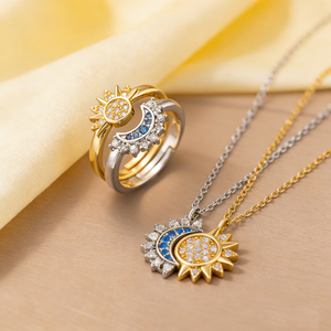 สร้อยคอและแหวนคู่รัก ดีไซน์ซ้อนกันได้ รูปพระอาทิตย์และพระจันทร์ ประดับเพชร ทำจากไทเทเนียมสตีล ไม่หมองคล้ำ - Product Image 4