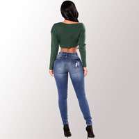 Usine OEM de marque internationale - Meilleures ventes de pantalons skinny en denim stretch à taille haute, déchirés et délavés pour femmes