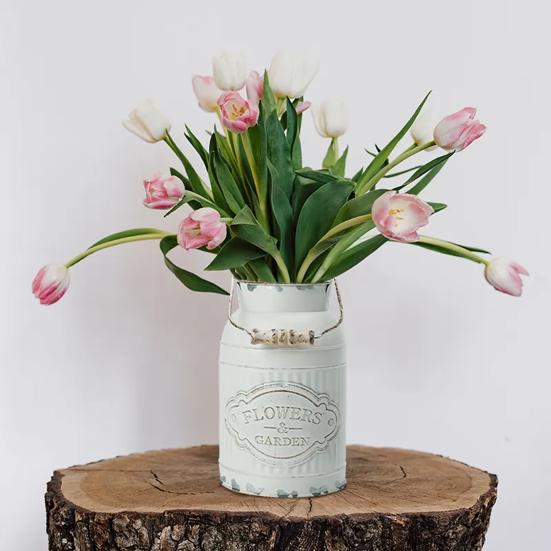 NISEVEN Hot Sales Galvanized Vintage Shabby Chic Farmhouse Milk Jugs Rustic White Metal Flower Pitcher Vase