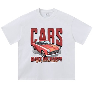 Camiseta de manga corta con estampado de coche desgastado, cuello redondo, algodón con acabado lavado, estilo retro, rojo vintage, corte holgado y hombros caídos. - Product Image 5
