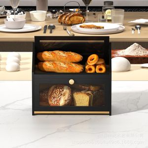 Boîte à pain en bambou, rangement de comptoir de cuisine en bois massif avec porte en verre pour conserver le pain - Product Image 3