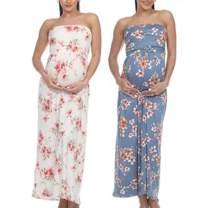 孕妇装花怀孕露肩拍照或婴儿淋浴带口袋太阳裙