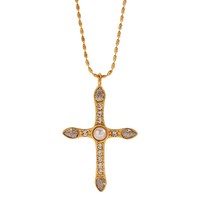 Collier pendentif chic de style français en acier inoxydable plaqué or 18 carats avec croix et goutte d'eau ornées de strass