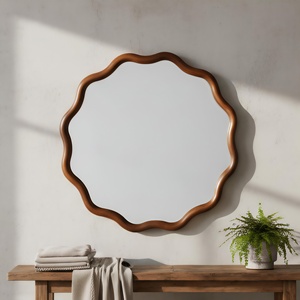 Black Walnut Color 36 Inch Wavy Round Solid Wood <b>Frame</b> Decorative <b>Mirror</b> For Bedroom Bathroom Living Room Entryway - Product Image 2