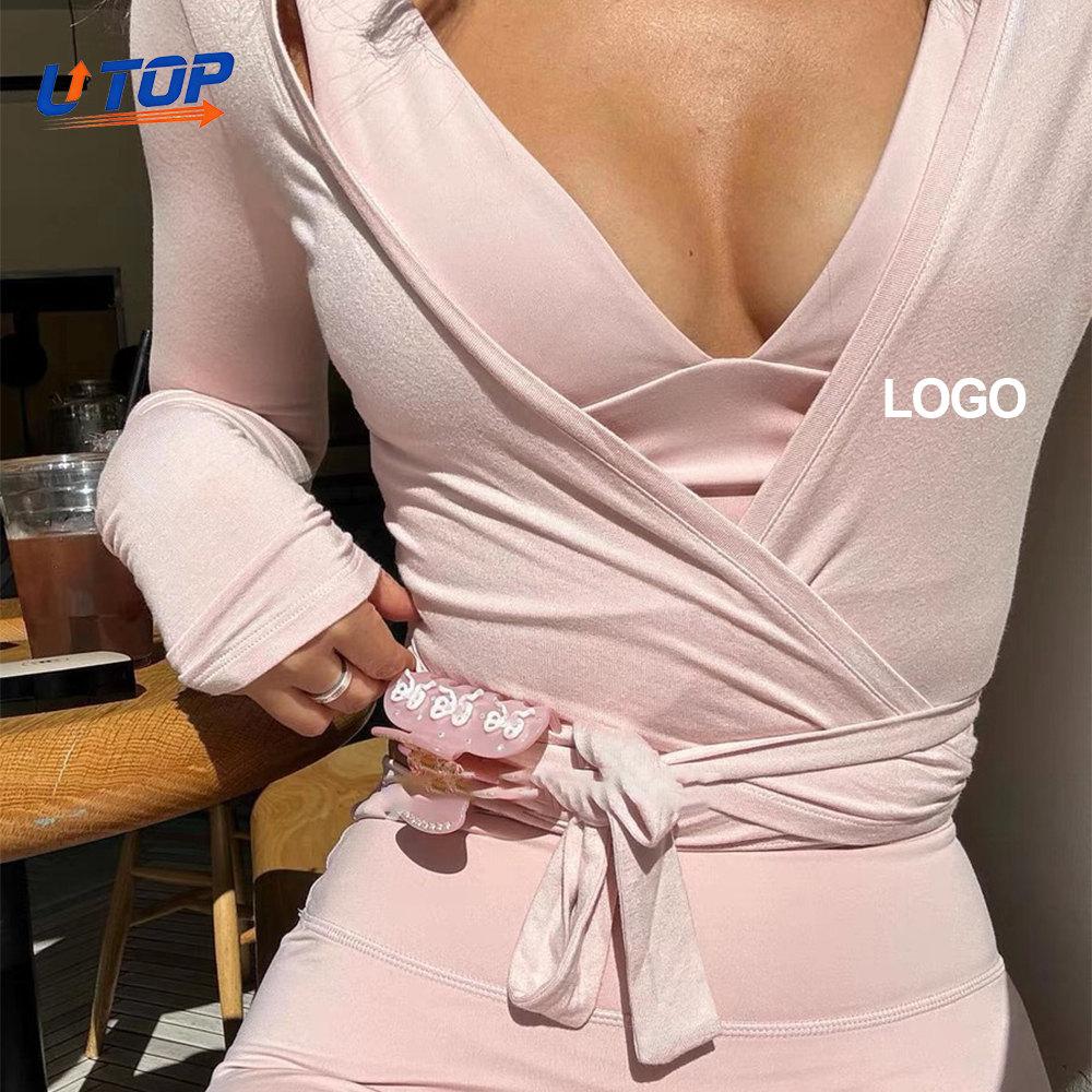 Custom Logo Long Sleeve Cardigan Workout Dance Self Tie Shirt Women Open Front Ballet Wrap Wrap Top Pilates Blouse Yoga Shirts