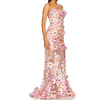 Robe de soirée longue en satin rose élégante OEM 2025, taille naturelle, sans manches, motif floral 3D