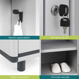 Armadietto Spogliatoio a 1 Anta 39x39x175 Cm con Serratura a Chiave e Ganci, Grigio, in PVC - Product Image 4