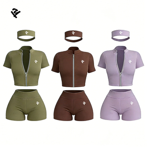 Ensemble de vêtements de sport pour femmes, veste de yoga à manches courtes zippée, short taille haute, ensemble de deux pièces pour la salle de sport, l'entraînement et le fitness - Product Image 1