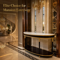 Console en marbre néoclassique royal, structure en bois massif et cuivre doré pour entrée de villa, meuble sur mesure