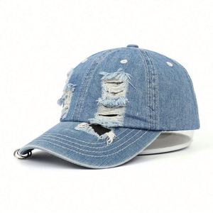 Manufactory Wholesale Most Popular 6 Panel Stylish Youth Fitted Unstructured Denim Jeans Distressed Baseball <b>Hat</b> - Product Image 2